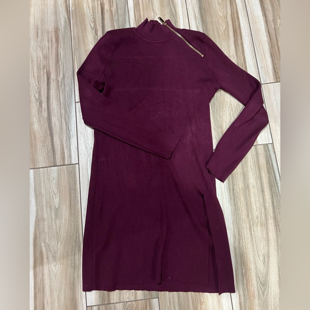 Cable & Gauge Mock Neck Sweater Dress | Plum Purple | Size M